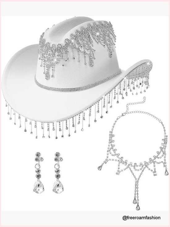 Cowgirl Outfit - Rhinestone Cowboy Hat, Bling Necklace & Crystal Earrings 3 main image 5
